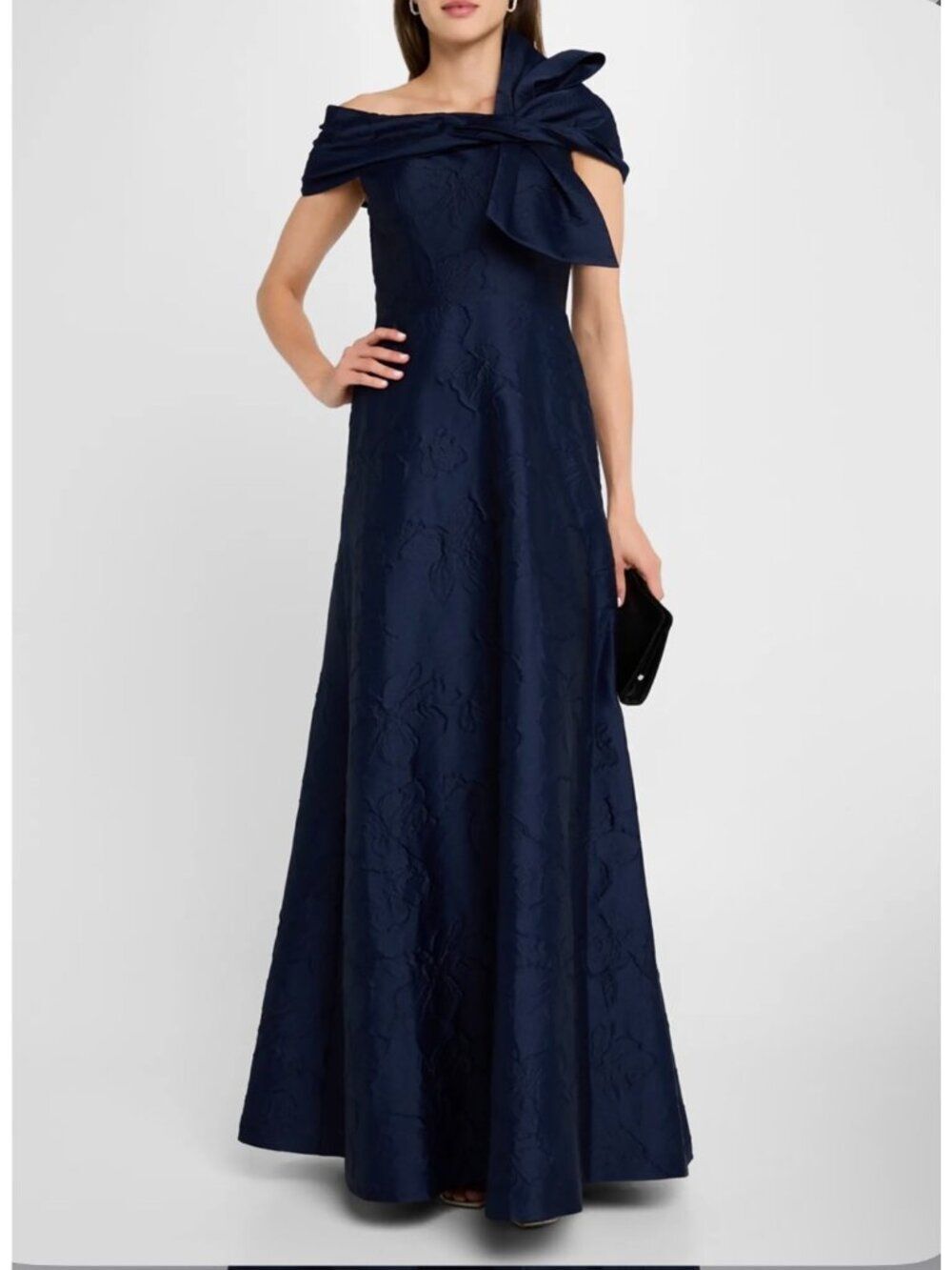 Rene Ruiz Navy Blue Off-Shoulder Floral Embossed Bow Gown Dress Size 10